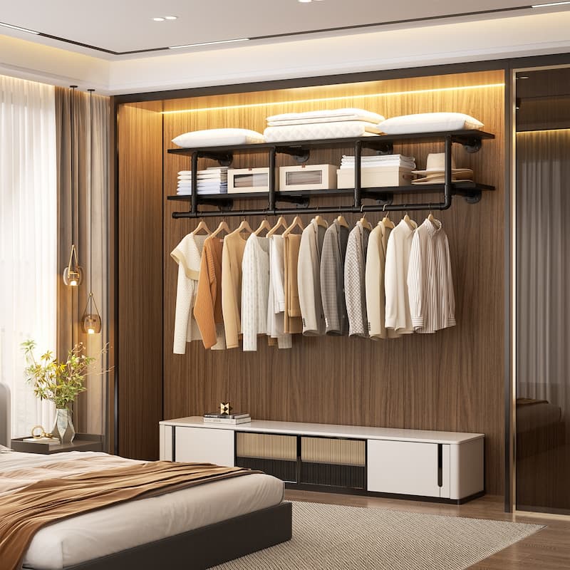 Floating Pipe Heavy-Duty Garment Rack, Wall-Mounted Closet Organizer with Storage Shelves