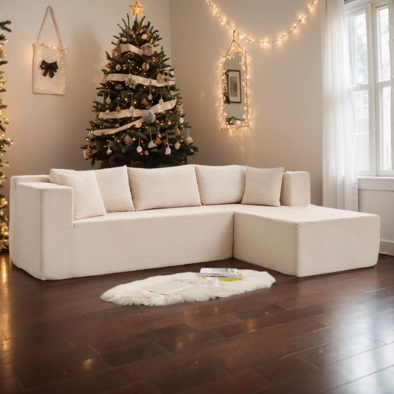 Mixoy W106'' Modern 2-Piece Free Combination Corduroy Upholstered L-Shaped Modular Sectional Sofa with Right Chaise and Pillow - Right Chaise-Beige - Right Facing