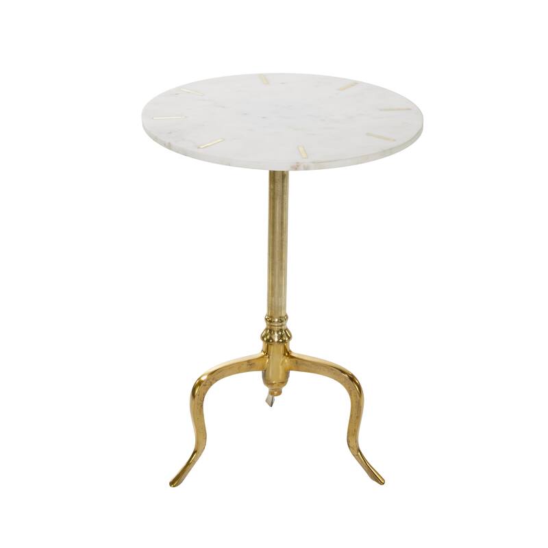 White Marble Accent Table with Gold Inlay and Scrolled Base