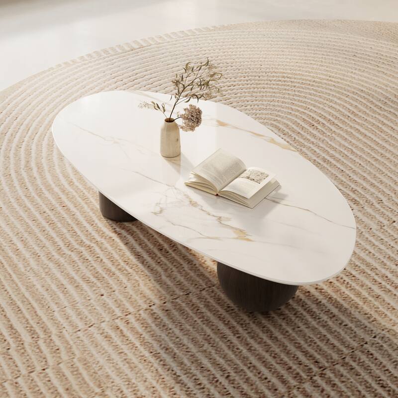 Modern 54" Coffee Table, White Sintered Stone Table-top, 3 Stainless Steel legs, Free form