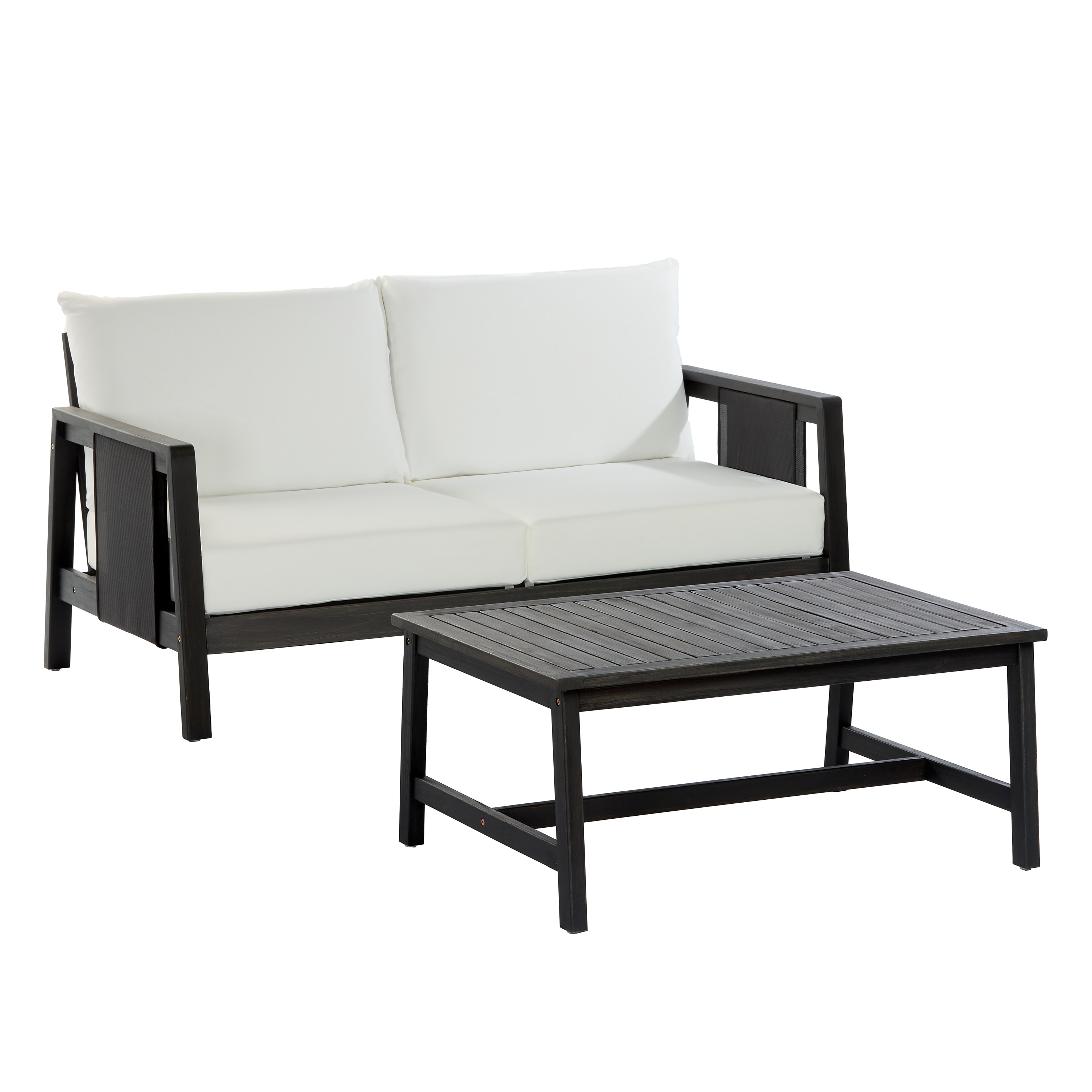 Dark Grey Patio Sofa Set with Padded Cushions, Outdoor Conversation Set with Loveseat & Coffee Table