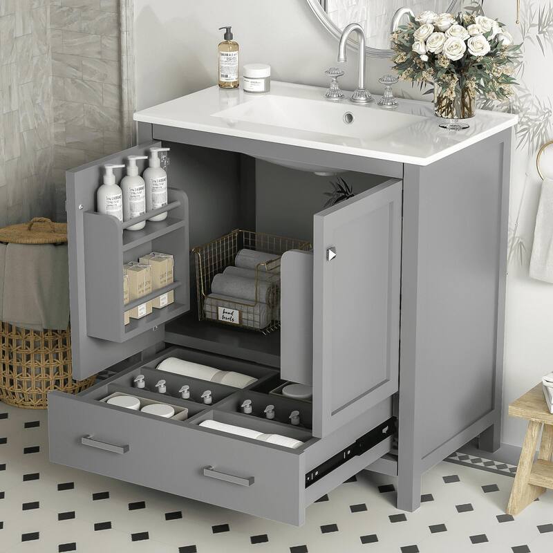 30 Inch Freestanding Bathroom Vanity with Rectangular Ceramic Sink, Two Doors, and Storage Drawer - Elegant Finish - Grey