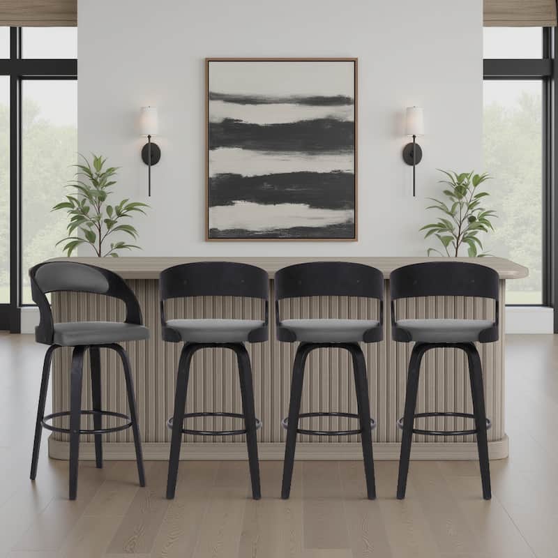 Shelly Mid-Century Swivel Bar Stool, Upholstered Counter Height Chair with Bentwood Legs - Grey & Black - Bar Height - Set of 4