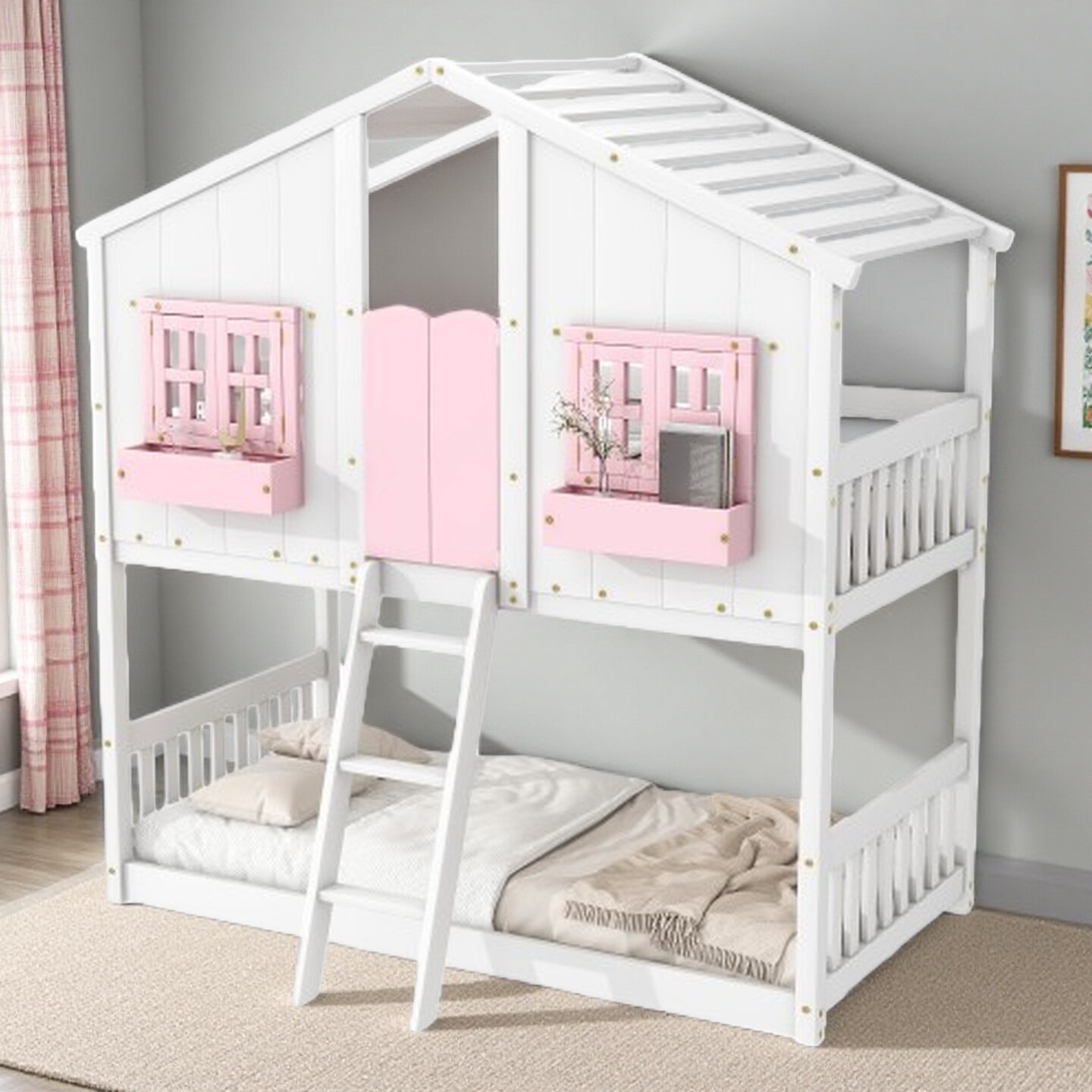 Twin over Twin House Bunk Bed with Roof, Windows, and Door, Sturdy Wooden Frame with Ladder and Guardrails