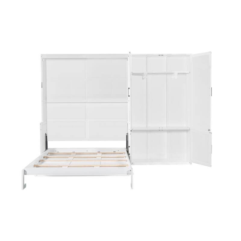 Queen Size Wall Bed with Built-In Closet and Hydraulic Lift System, White