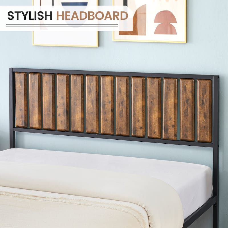 Platform Metal Bed Frame Wood Headboard with 14 Heavy Duty Steel Slats