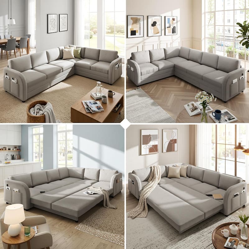 Homy Casa 85"/115" L-Shaped Sectional Sofa Bed USB & Side Pocket, Teddy Fabric Pull-Out Sleeper, Reversible Chaise, Multi Colors