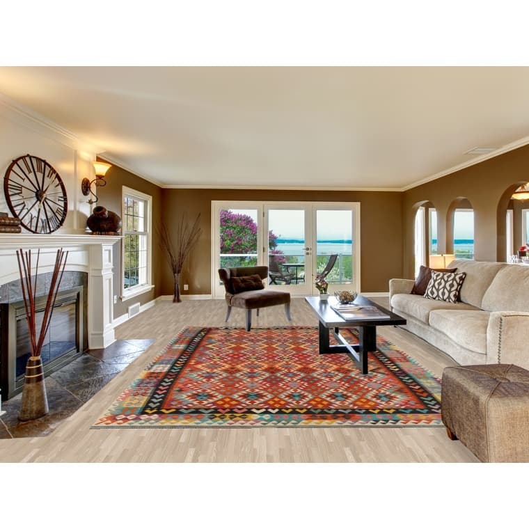 Orange Kilim Area Rug Hand-Woven Geometric Wool Carpet - 8'1" x 11'8"