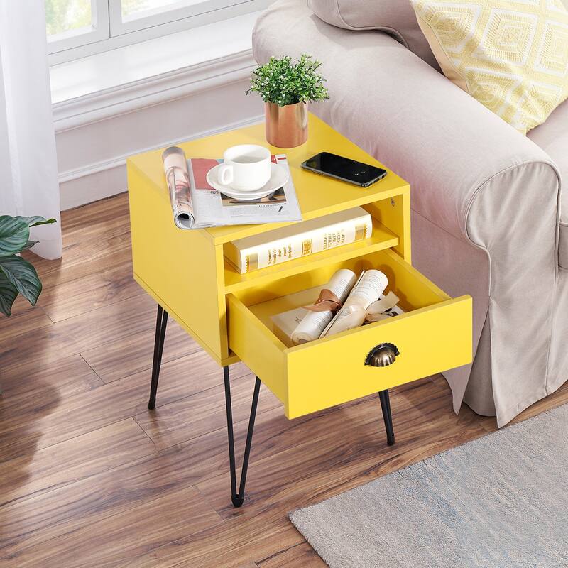 VECELO Mid Century Modern Nightstand with Drawer Open Shelf V-Shaped Metal Legs End Table for Bedroom Living Room