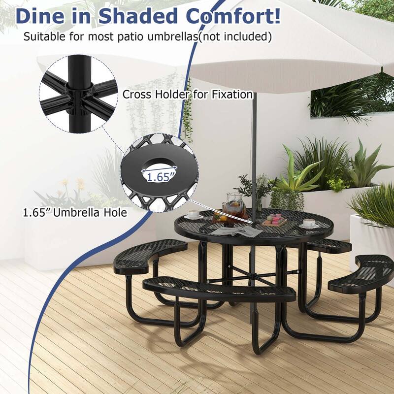 Coated Steel Camping Table Outdoor Round Table & Bench Set for 8