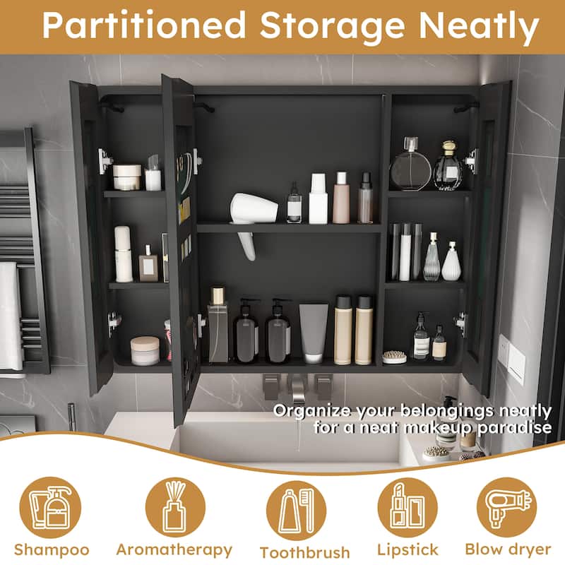 35 x 28 Inch Aluminium Medicine Cabinet Mirror with LED Light, Defogging, and Cosmetic Storage