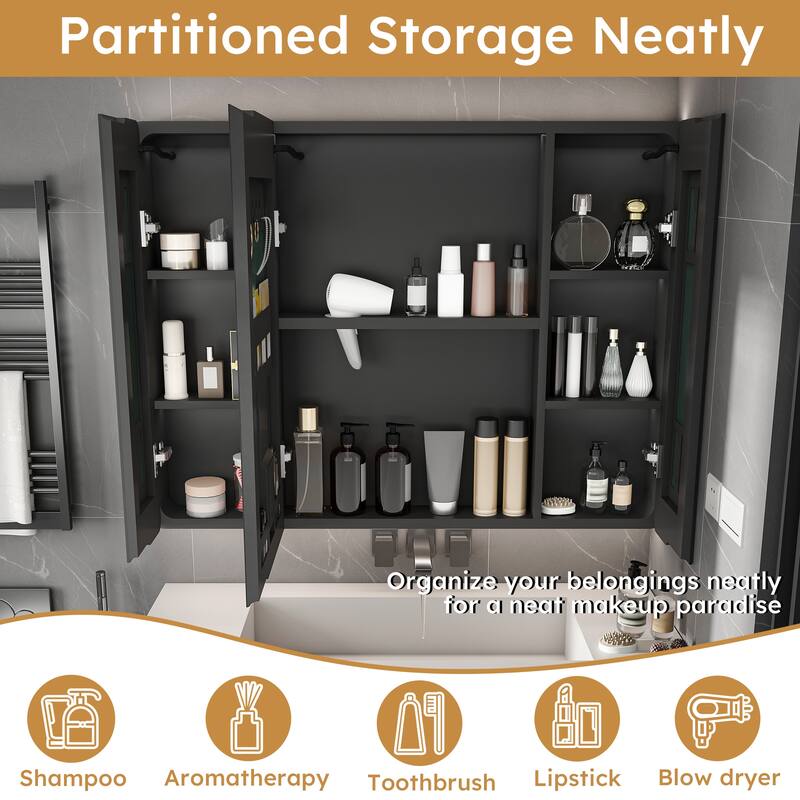 Roomfitters 35 Inch Illuminated Medicine Cabinet, Aluminium Bathroom Mirror with Defogger and Cosmetic Storage