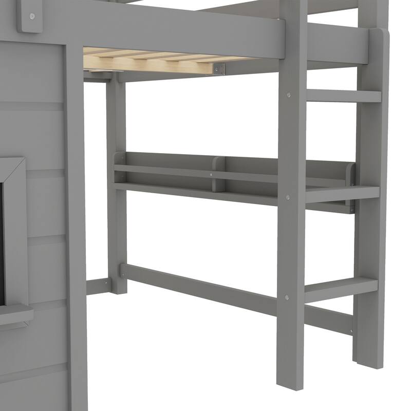 Full Size loft bed with a playful sliding chalkboard, built-in bookshelf, and high-quality safety rails