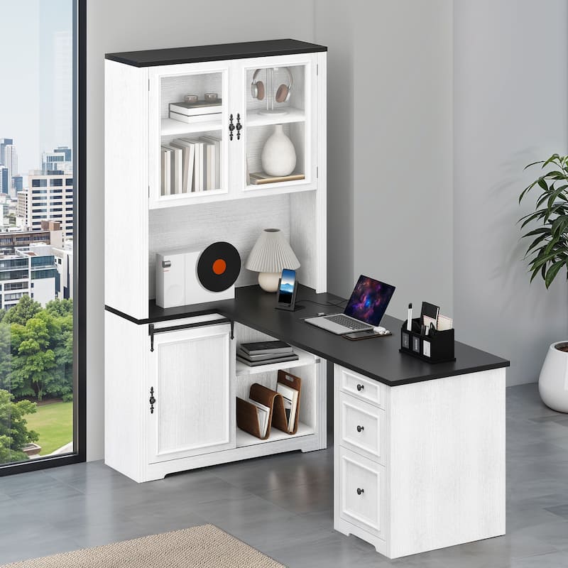 Moasis L-Shaped 3 Drawers Office Desk Corner Computer Desk with Shelves and Cabinet - White