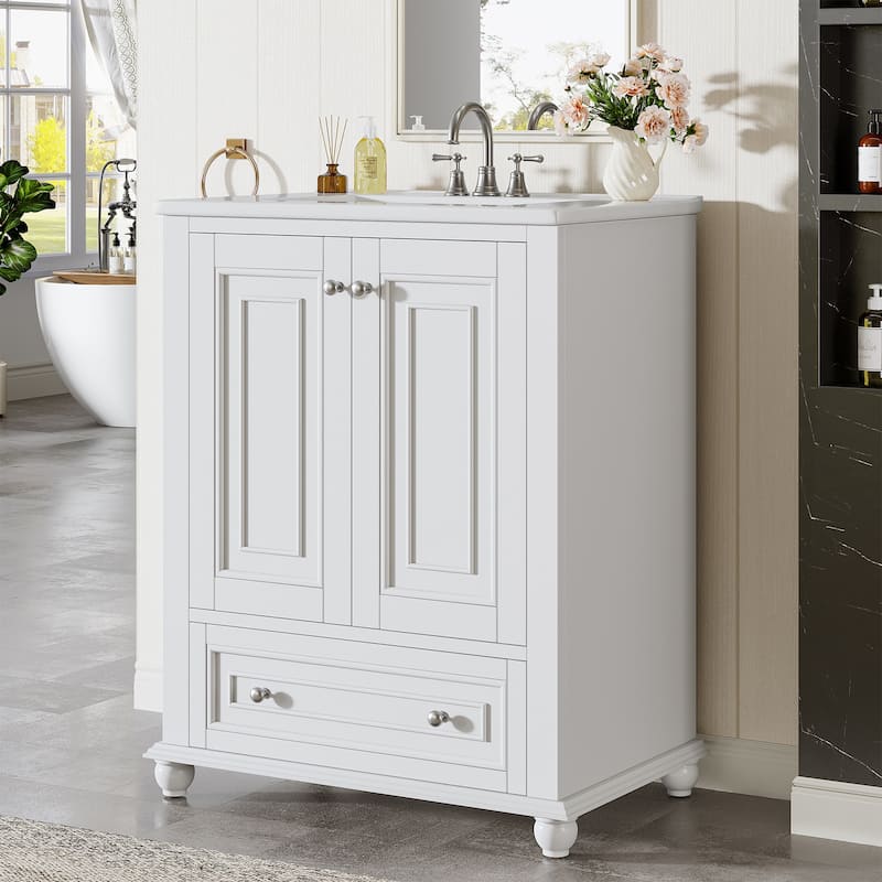 24'' Modern Freestanding Solid Wood Bathroom Vanity with Ceramic Sink, Adjustable Shelf Storage