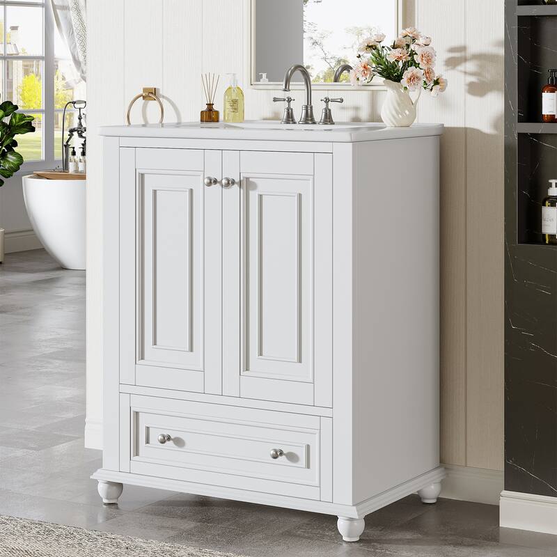 24 Inches Solid Wood Modern Bathroom Vanity with Ceramic Sink, Adjustable Shelf Storage