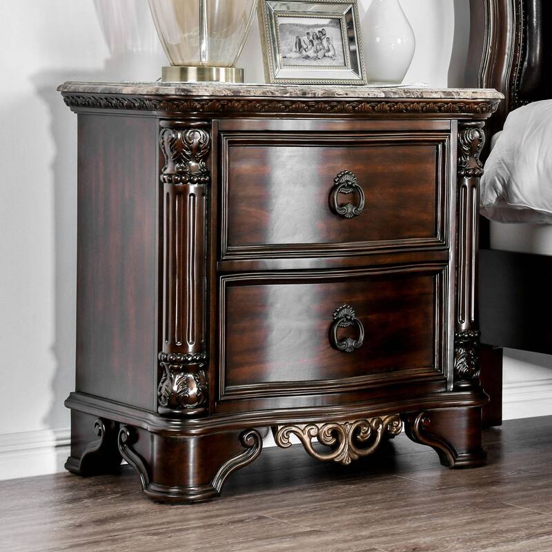 Traditional Brown Cherry 1pc Solid Wood Nightstand w/ 2 Drawers & Brass Handles for Bedroom