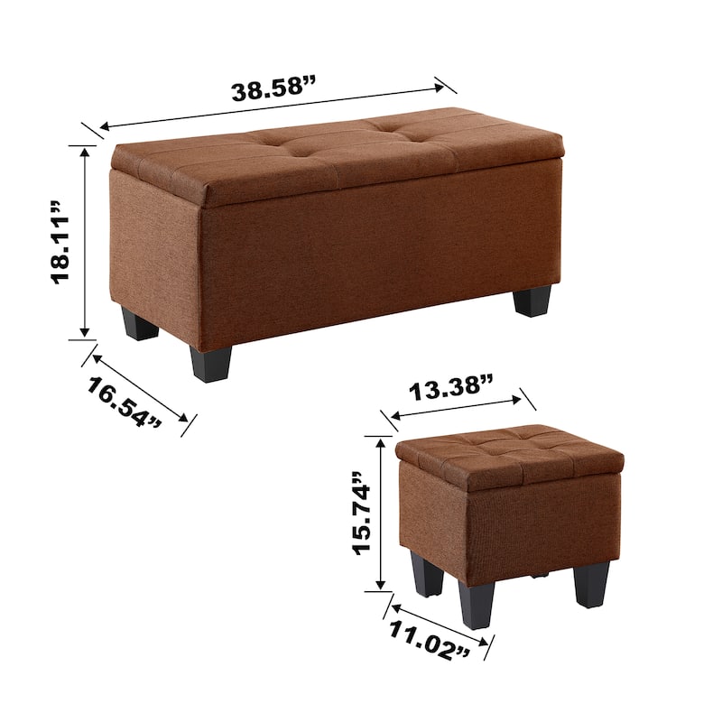 Tufted Fabric Storage Ottoman Bench, Ottoman Linen Bench - Set of 3