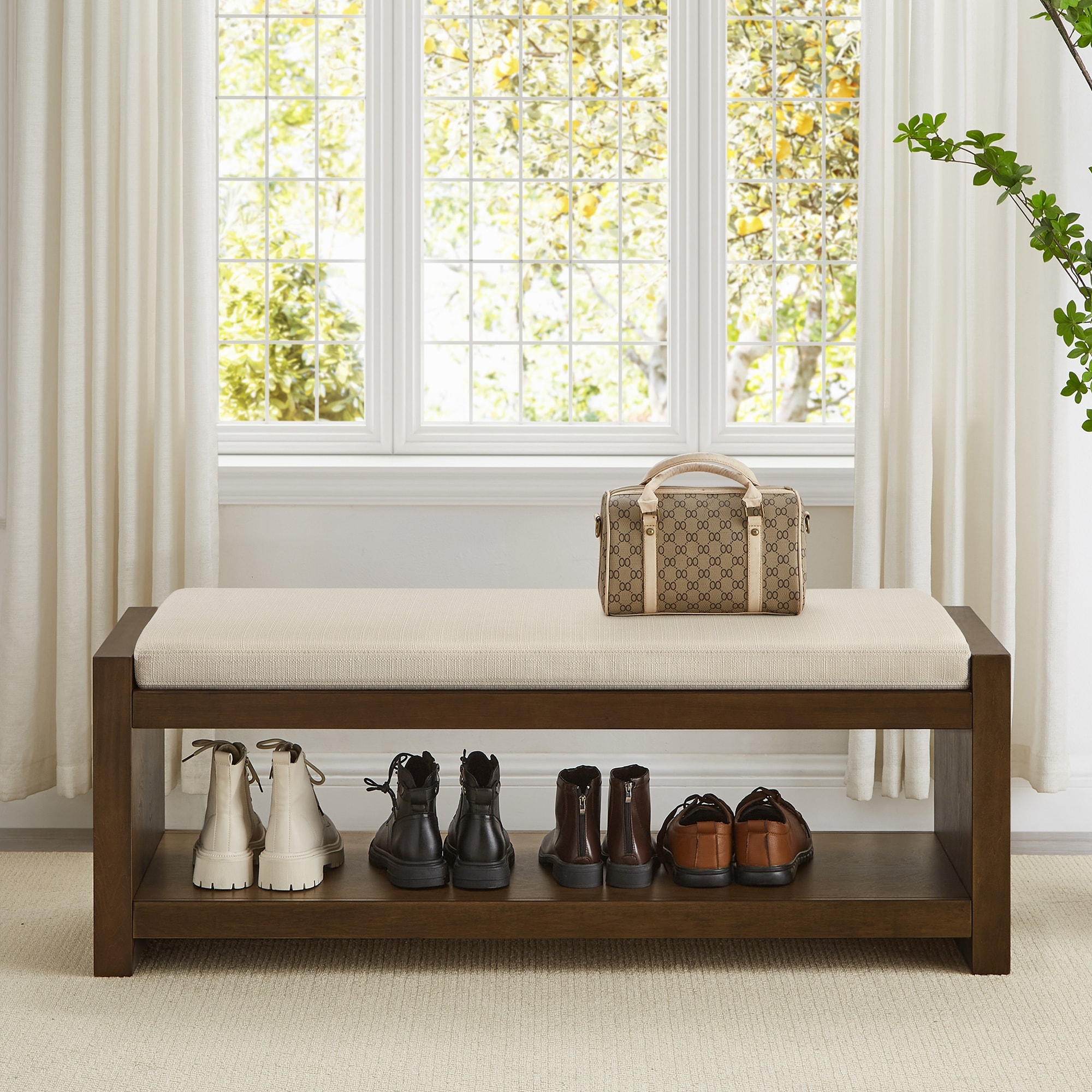 Accent Bench With Lower Shelf Shoe Rack And Removable Cushion