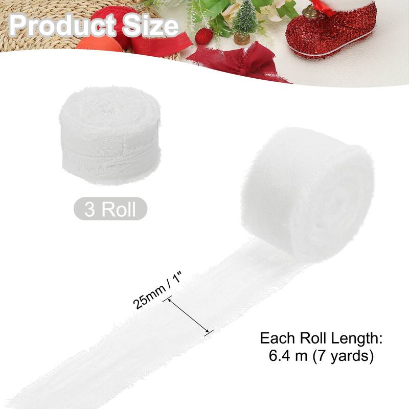 3Roll Cotton Handmade Fringe Ribbon 1"x21Yd Frayed Fringe Ribbons - 7Yd - White