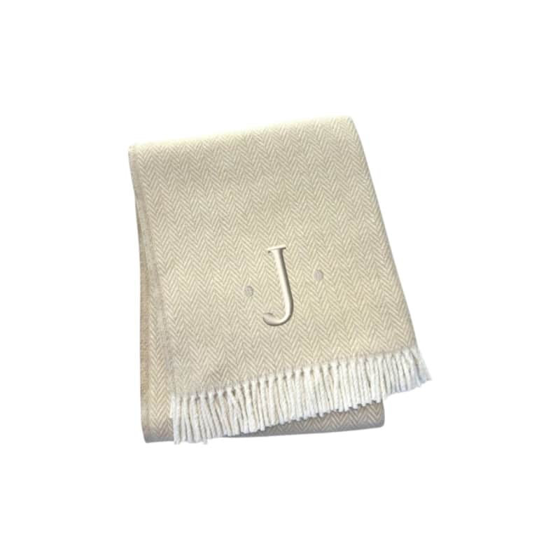 55" X 70" Linen And White Herringbone Cotton Blend S Initial Throw Blanket with Tassels And Embroidery - J