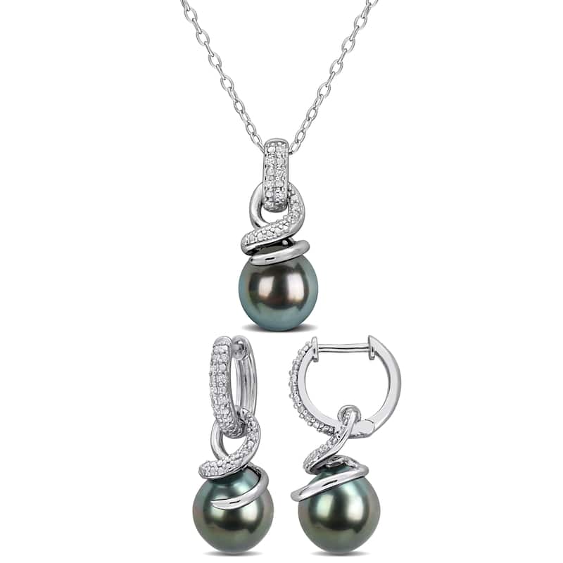 Miadora 8-8.5mm Cultured Tahitian Pearl 1/7ct TW Diamond Necklace Earrings Set Sterling Silver