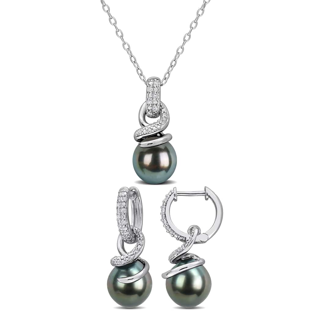 Miadora 8-8.5mm Cultured Tahitian Pearl 1/7ct TW Diamond Necklace Earrings Set Sterling Silver