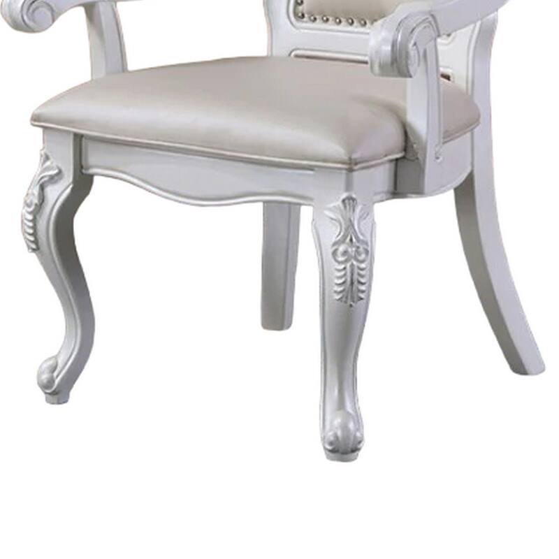 Zenie Dining Armchair Set of 2, Carved Cabriole, Faux Leather, White Wood
