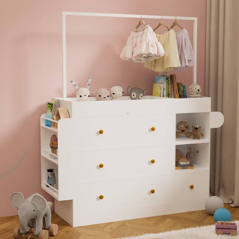 Modern Baby Changing Table Dresser with 3 Deep Drawers, Storage Shelves, Hangers & Drying Rack