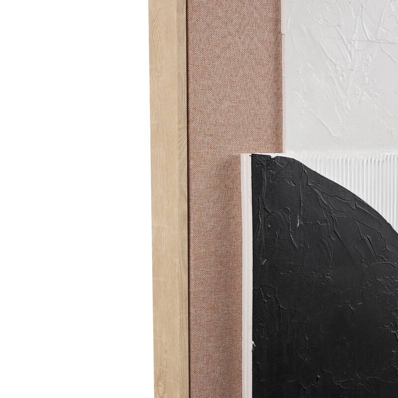 Brown Wood Textured Geometric Framed Wall Art with Abstract Black and White Shapes and Fabric Backing