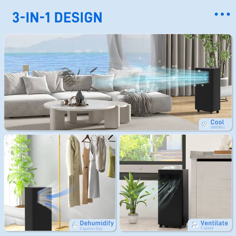 8000 BTU Portable Air Conditioner with Dehumidifier and Fan. Remote Control. 24 Hour Timer. Rooms up to 345 Sq Ft