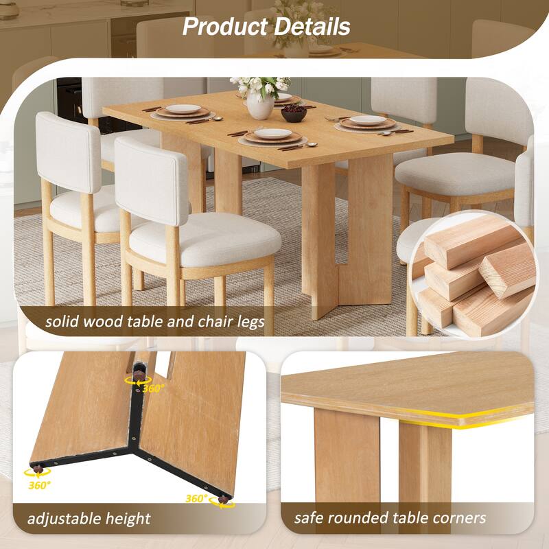 Roomfitters Farmhouse Dining Table Set for 6, 60" Rectangular Wood Table with Upholstered Chair & Cutout Legs
