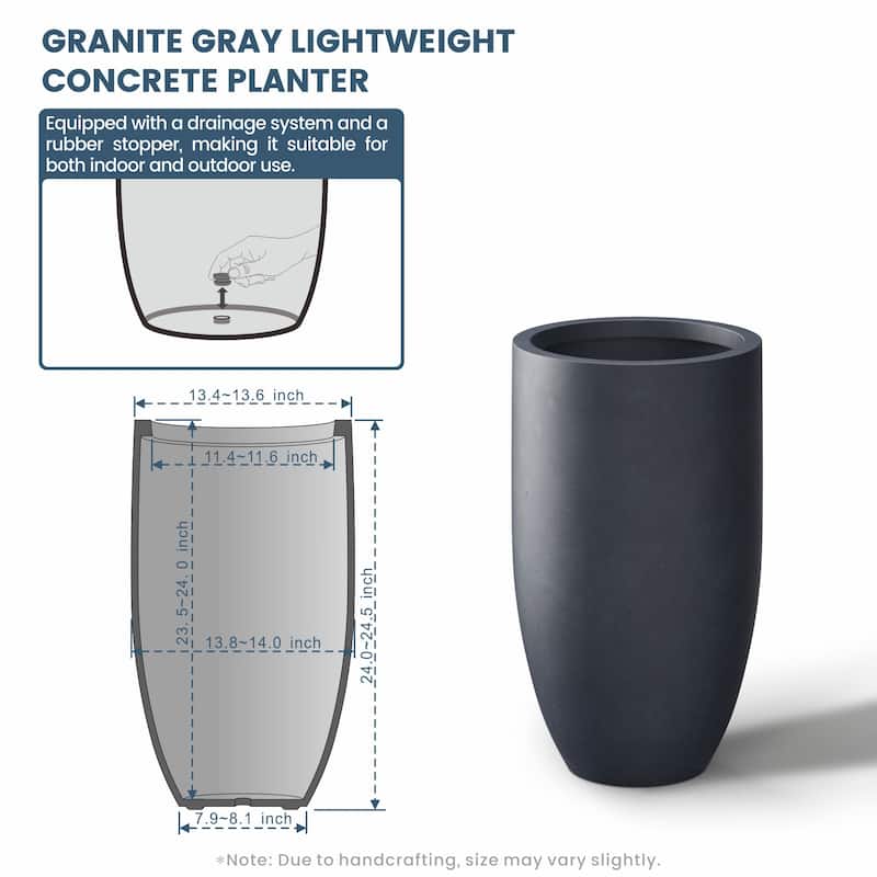 Textured Granite Gray Tall Concrete Round Plant Pots / Large Indoor and Outdoor flower Planters (13.5 Inch x 24.5 Inch)