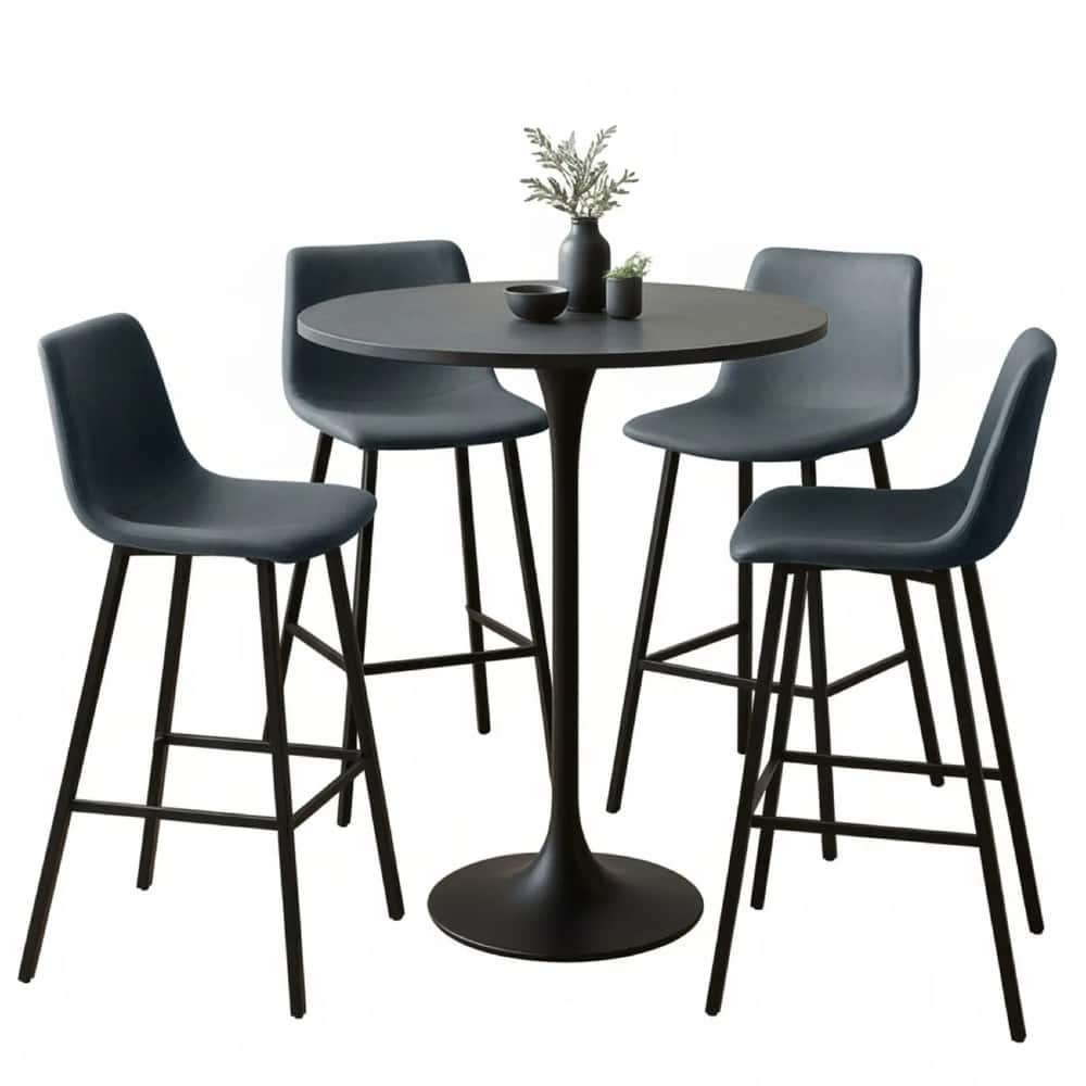 Elland 5-Piece Modern Bar Dining Set of Round High Bistro Table and 4 Vegan Leather Bar Stools for Small Space Kitchen & Pub Set