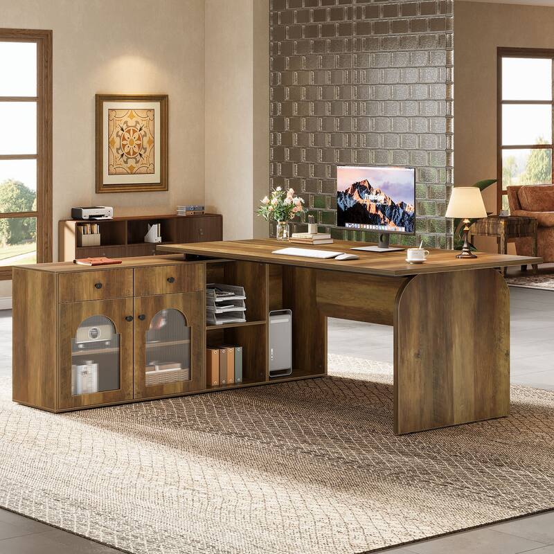 L Shaped Desk, 71-Inch Executive Office Desk with File Cabinet
