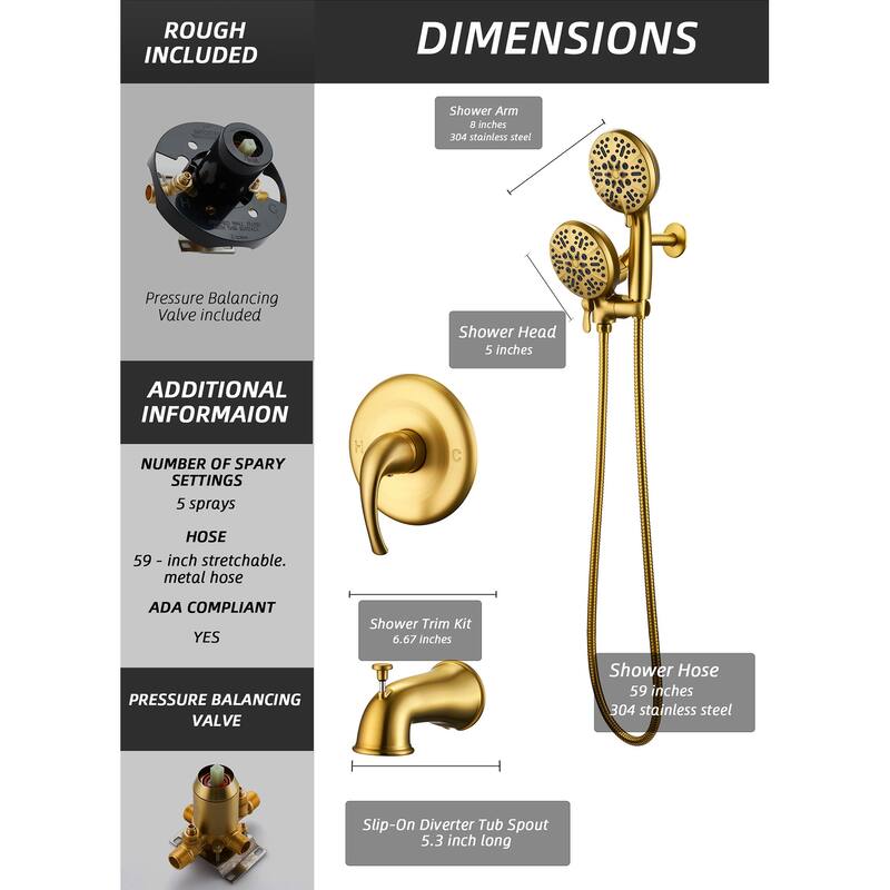 Complete Shower System with Tub Shower Faucet Set 5in Head Matte Black
