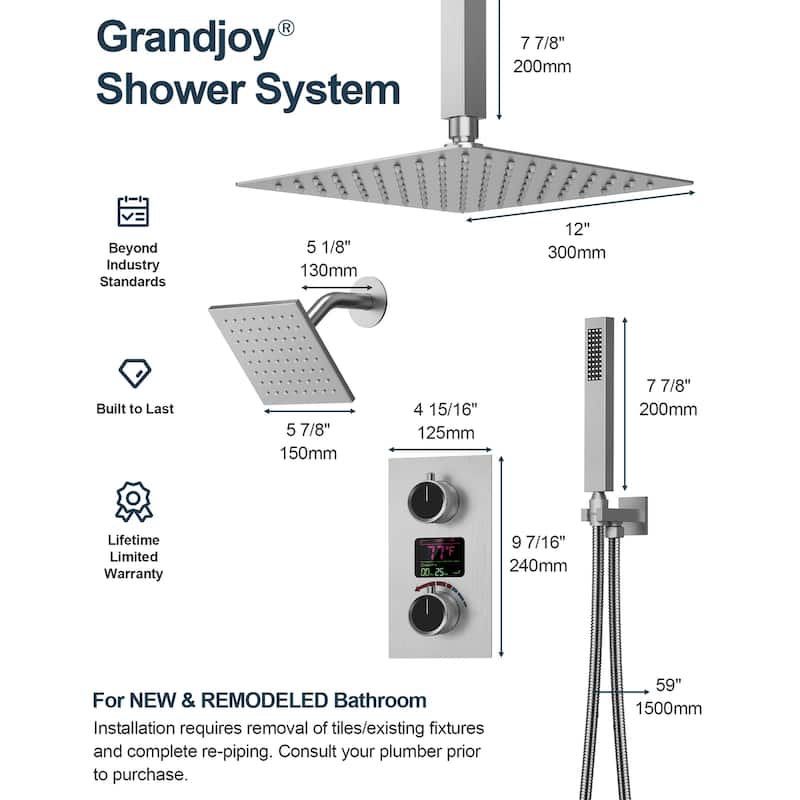 GRANDJOY Digital Display Shower System, 12" High Pressure Dual Shower Heads with Handheld Spray