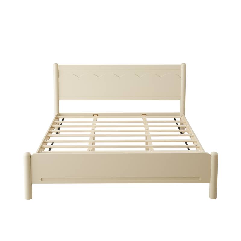 Wooden Platform Bed with Headboard, Solid Pine Kids Bed Frame, Wood Slat Support