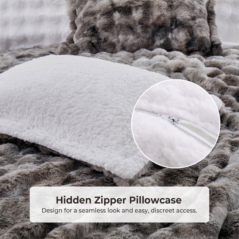3 Pieces Fluffy Faux Rabbit Fur Comforter Set, Plush Fuzzy Bedding Set for Winter