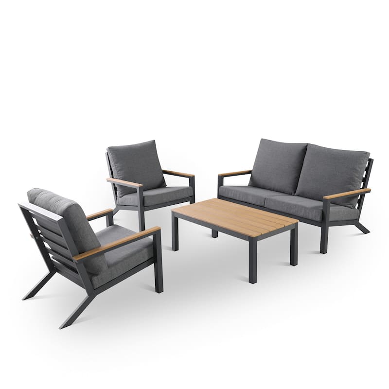 Vermont 4-Piece Aluminum Conversation Set with Slatted Faux Wood Top