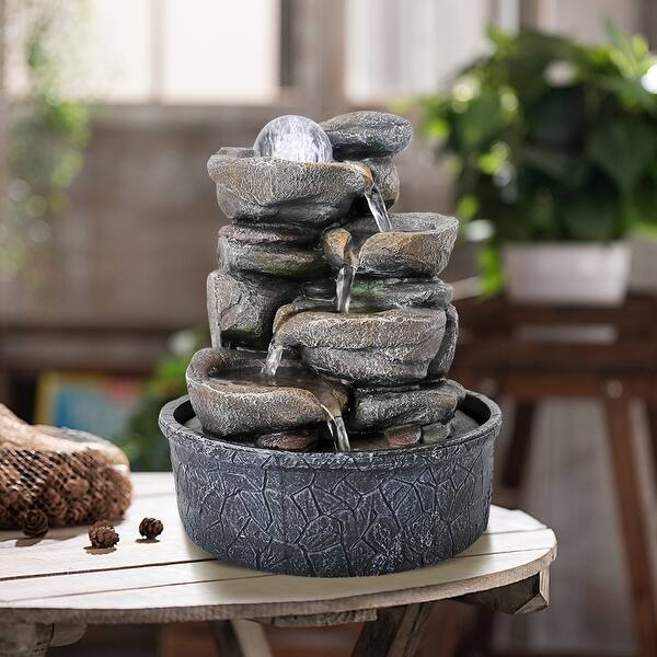 5 Tier Tabletop Water Fountain W Led Light Indoor Relaxation Waterfall Overstock 32276397 Tabletop fountain with led lights, romantic couple on a rope swing near water mill and tree trunk, indoor waterfall table top water fountain. usd
