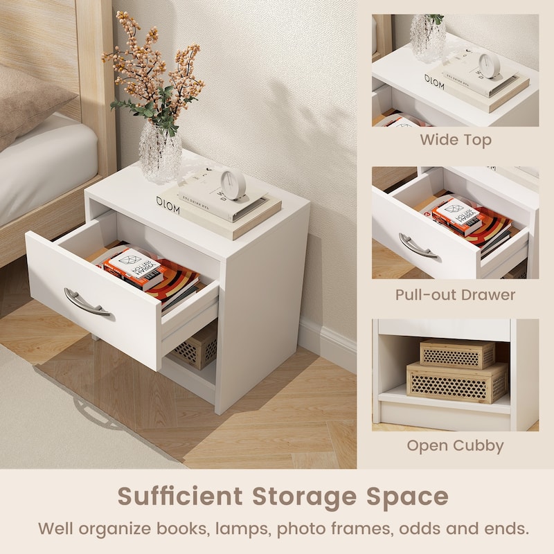 Gymax 2 PCS Nightstand w/ Drawer Side Table w/ Slide-out Drawer Open