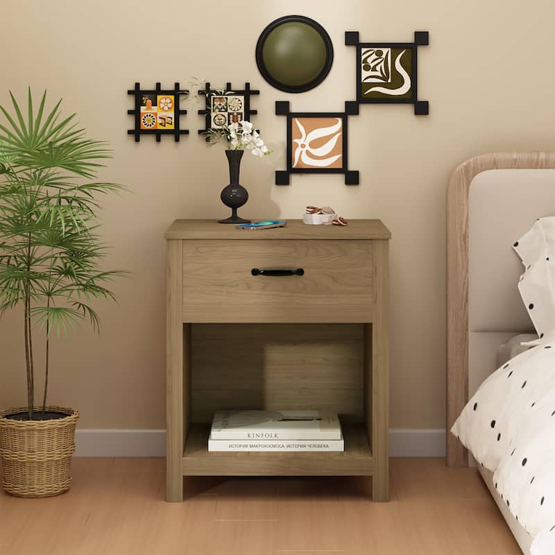 Wood Nightstand with Drawer and Open Shelf, Modern Bedside Table with Storage, Wooden End Table for Bedroom