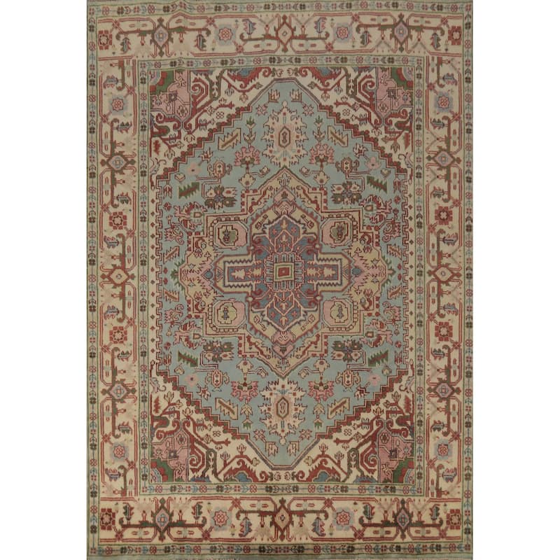 Light Blue Geometric Heriz Serapi Indian Area Rug Handmade Wool Carpet - 7'9" x 9'10"