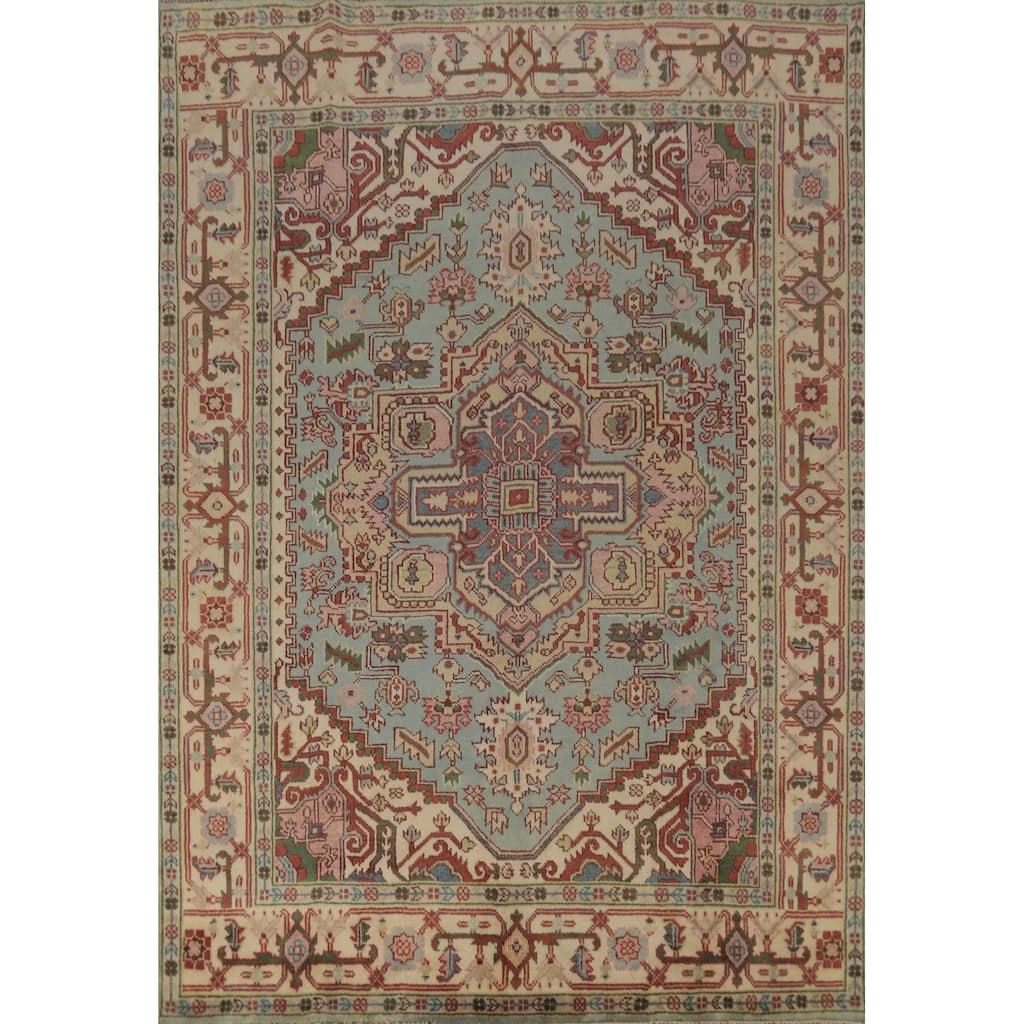 Light Blue Geometric Heriz Serapi Indian Area Rug Handmade Wool Carpet - 7'9" x 9'10"