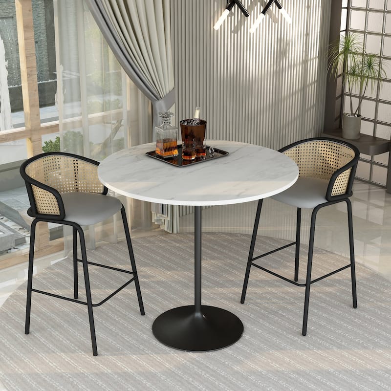 LeisureMod Verve Round Bar Dining Table with White Resin TableTop and Black Steel Base for Kitchen & Dining Room