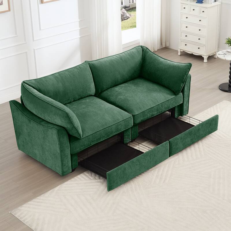 2 Seater Sofa With Pull out Storage Drawers Under Each Seat, Crescent-shaped Armrests And Wraparound