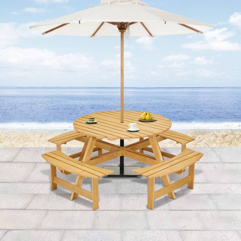 8-Person Round Outdoor Picnic Table with 4 Double Benches