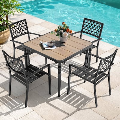 5PCS Patio Metal Dining Set with Wood-Grain Tabletop and Umbrella Hole