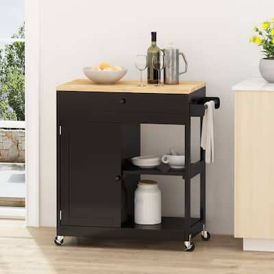 Rolling Kitchen Island, Mobile Kitchen Island With Wheels, 2 Shelves, Long Drawer, Rubber Wood Countertop, Door Cabinet